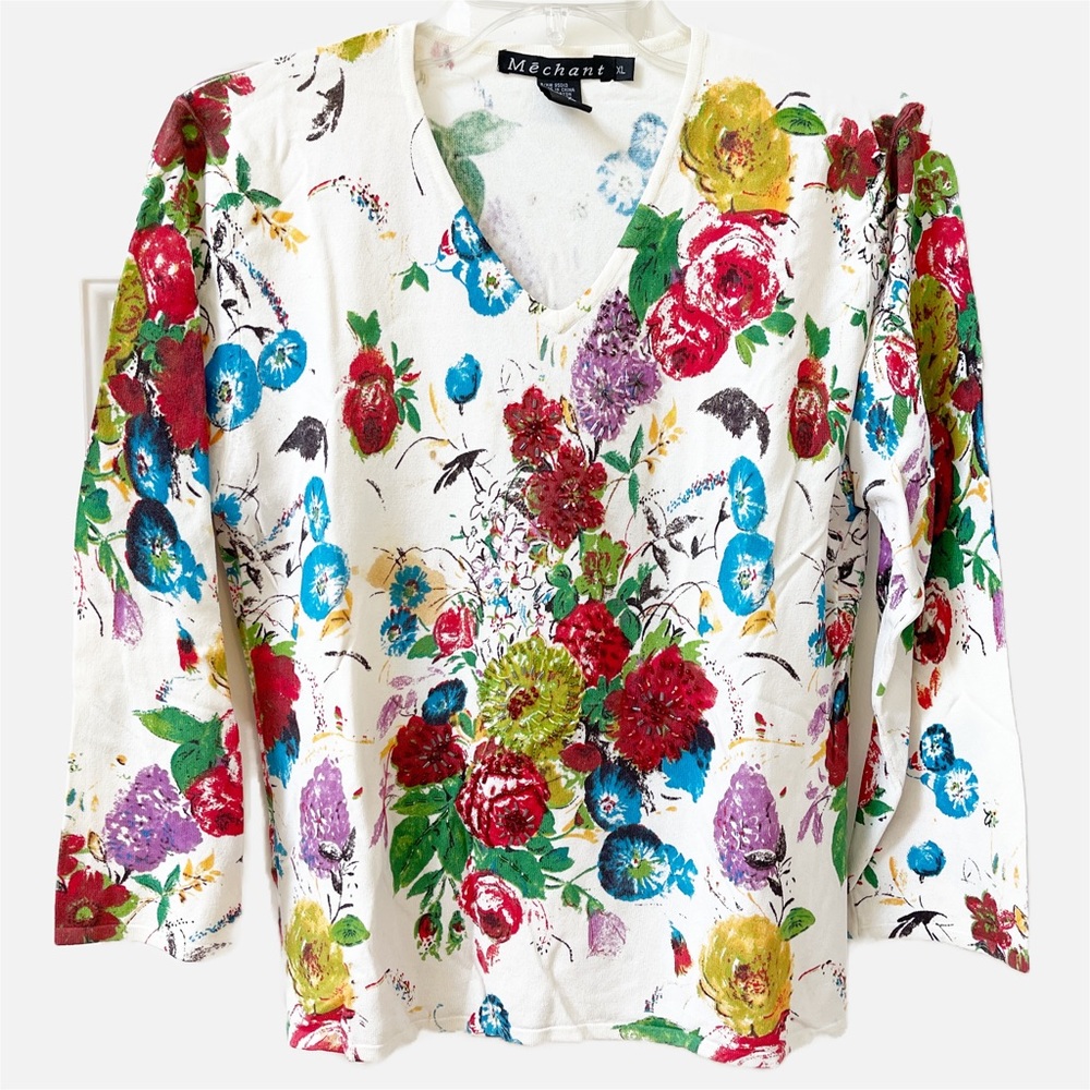 Mechant Floral Rosette Top 3/4 Length Sleeve XL